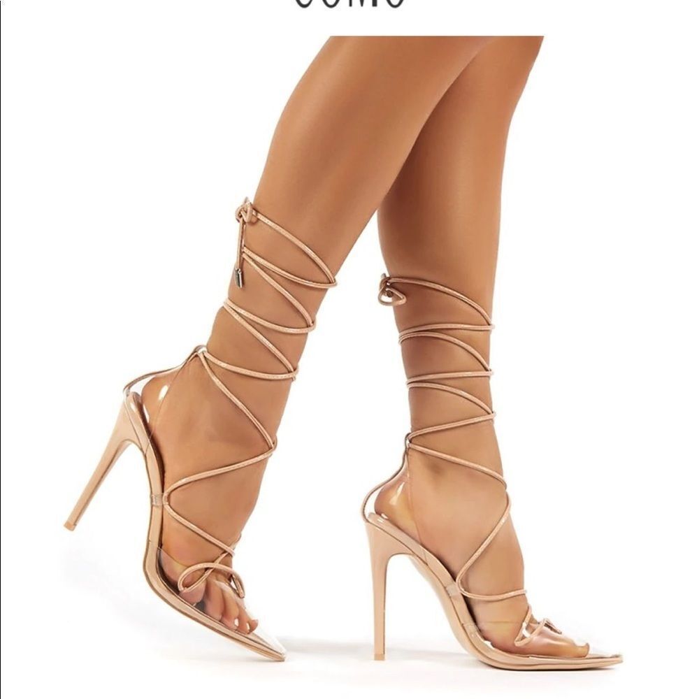 NIB Public Desire Carmen Lace Up Patent Stiletto Heels